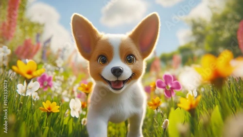 Joyful Corgi Puppy in a Flower Meadow