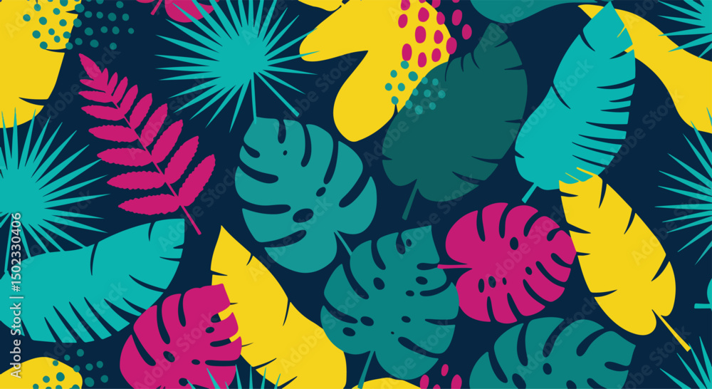 Vibrant tropical pattern with abstract shapes and dark green leaves on a colorful background. Modern design for fabrics, wallpaper, and creative projects Vibrant tropical pattern with abstract shapes and dark green leaves on a colorful background. Modern design for fabrics, wallpaper, and creative projects
