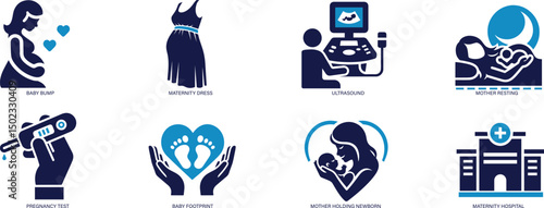 Pregnancy & Maternity Icons Baby, Mother, Prenatal Care, Ultrasound, Newborn, Stroller.