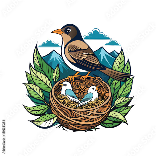 A Colorful Illustration of a Bird and Its Nestling Birds in a Mountainous Landscape.