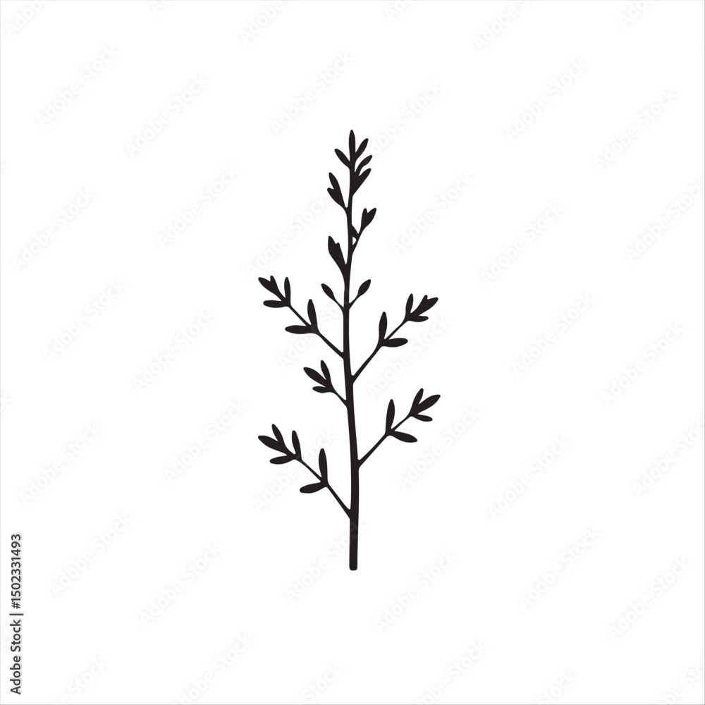 Fototapeta premium Elegant and timeless, this modern flat design utilizes a classic black and white vector style. A simple, two-dimensional rosemary silhouette is featured against a pure white background