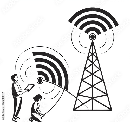 A modern digital scene captures the essence of wireless communication, with a person connecting a device to a cell tower to harness internet and other information 