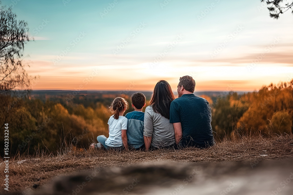 Family sitting together watching the sunset with the beautiful sky and landscape in the background as they enjoy a peaceful evening Family sitting together watching the sunset with the beautiful sky and landscape in the background as they enjoy a peaceful evening