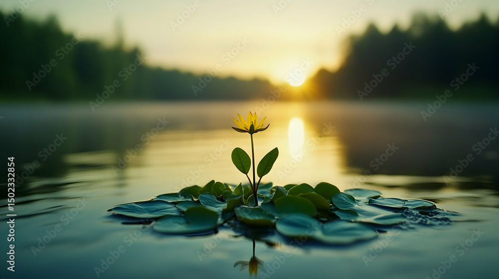 Naklejka premium Serene sunset scene featuring a single yellow water lily blooming on a calm lake, surrounded by lush green lily pads. The tranquil image evokes feelings of peace and natural beauty.