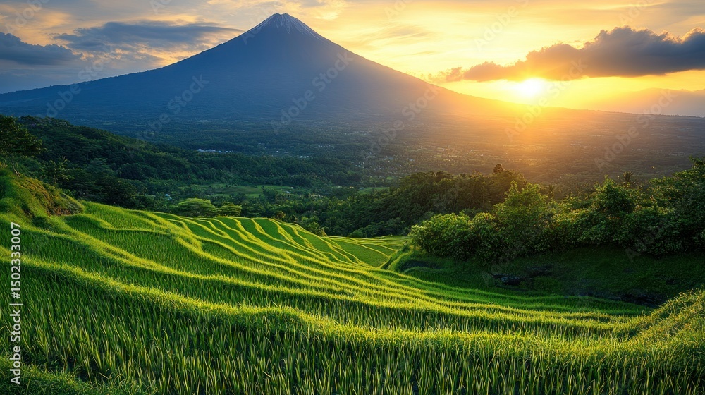 Obraz premium Lush terraced rice paddies at sunset, volcano backdrop