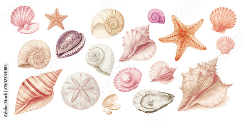 Watercolor seashell collection featuring starfish and various sea shells for beach themed designs and summer art