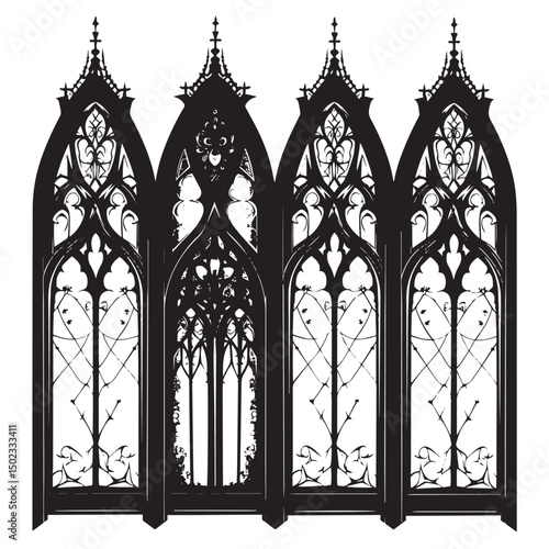 Gothic windows outline set. Silhouette of vintage stained glass church frames , black silhouettes isolated on white background