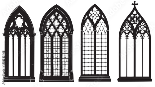 Gothic windows outline set. Silhouette of vintage stained glass church frames , black silhouettes isolated on white background