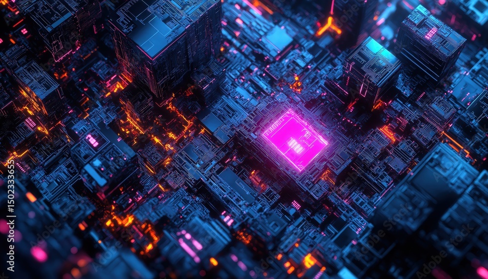 Fototapeta premium Futuristic Digital City Circuit Board with Neon Lights and Technology