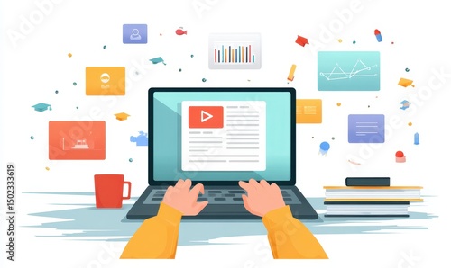 Laptop screen displays online course content, hands typing, surrounded by colorful learning icons and stationery