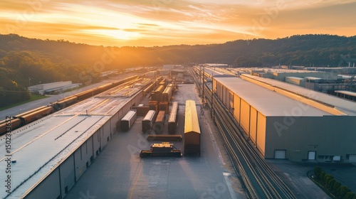 Aerial view of industrial facility during sunset with freight trains and warehouses