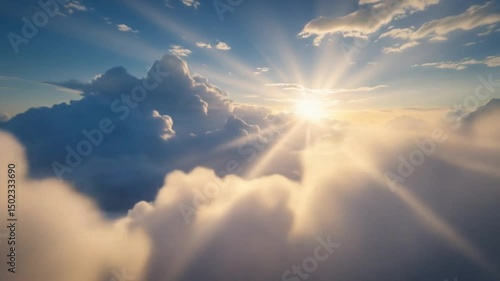 Heavenly Sunrise Above the Clouds with Sun Rays Breaking Through