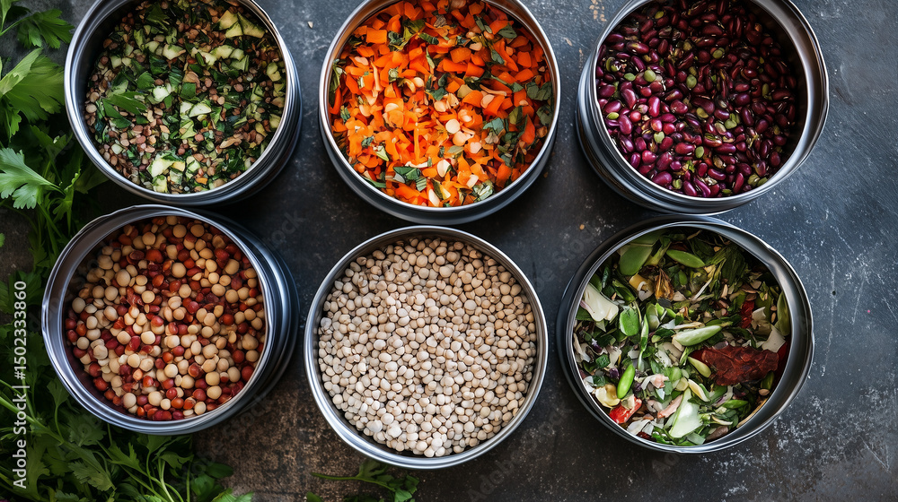 Overhead view of opened canned vegetables and legumes in metal containers Overhead view of opened canned vegetables and legumes in metal containers