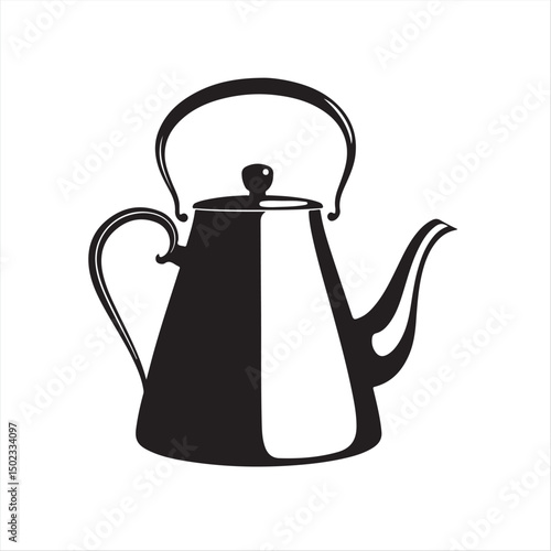 Simple, elegant, two-dimensional silhouette of a pouring kettle.  Modern flat design vector illustration in classic black and white on a white background