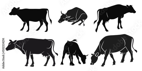 silhouettes of cow vector in different poses
