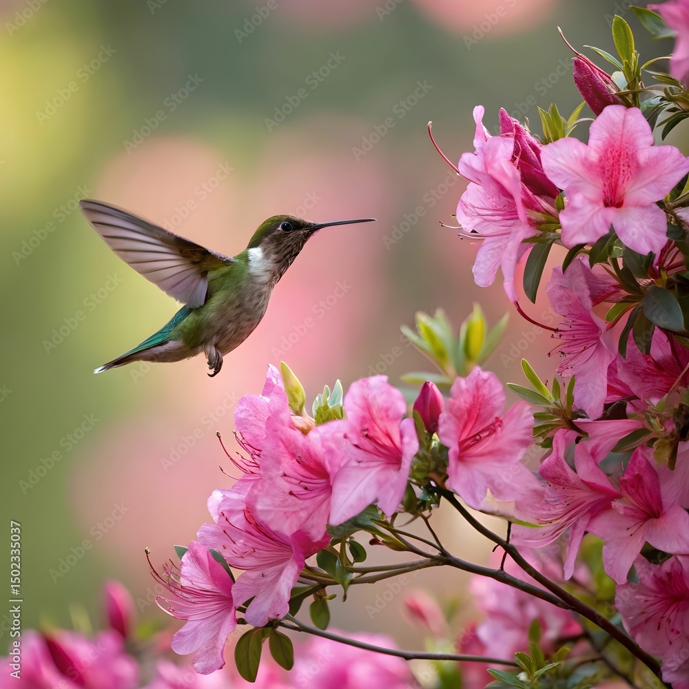 Naklejka premium A Hummingbird Near Vibrant Pink Azaleas.