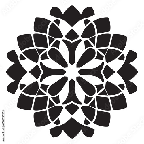 Intricate black and white circular mandala design with geometric ornamental elements