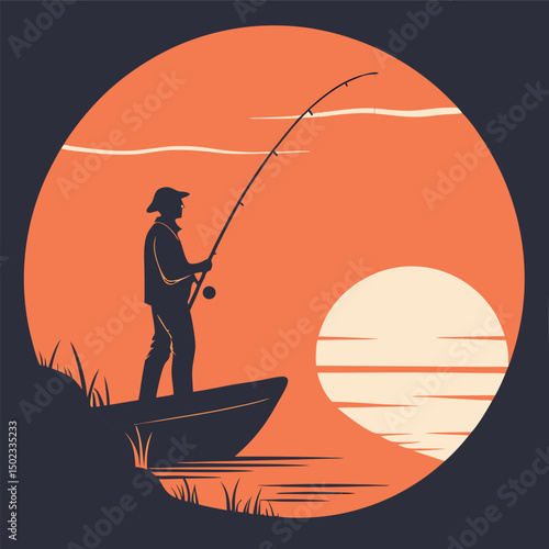 Fisherman silhouette, Fisher with fishing rod and hooked fish isolated vector illustration