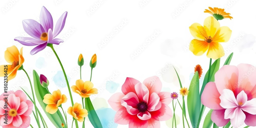 Vibrant watercolor spring blooms, isolated on white background, petals, flowers Vibrant watercolor spring blooms, isolated on white background, petals, flowers