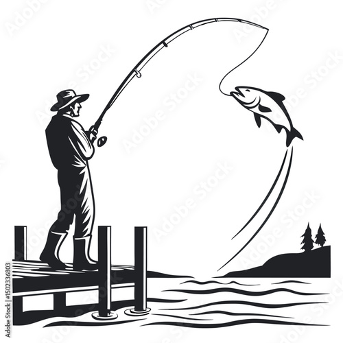 Fisherman silhouette, Fisher with fishing rod and hooked fish isolated vector illustration