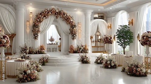 Birthday stage concept with chandelier and gold vase high resolution image