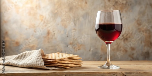 A rustic wooden table setting features a glass of red wine and unleavened bread, subtly illuminated against a textured backdrop.