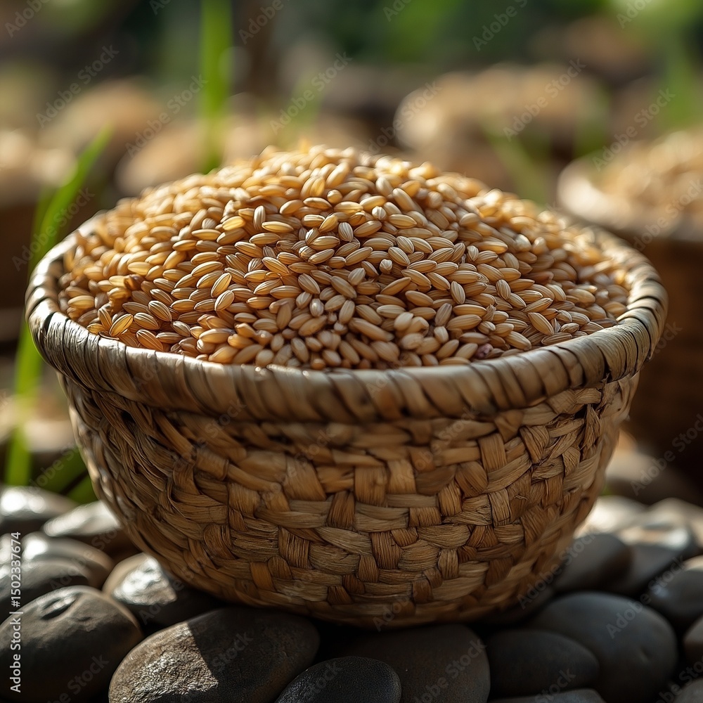 Obraz premium Traditional woven basket full of freshly harvested rice grains, close-up,generative ai illustration