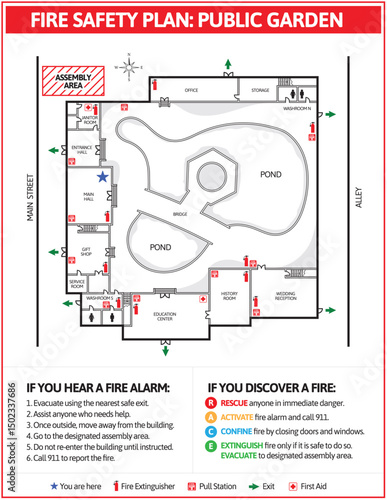 Fire emergency plan of public garden. Emergency plan or egress plan for educational venue. Detailed text instruction of procedures and emergency equipment locations for residents and fire department.