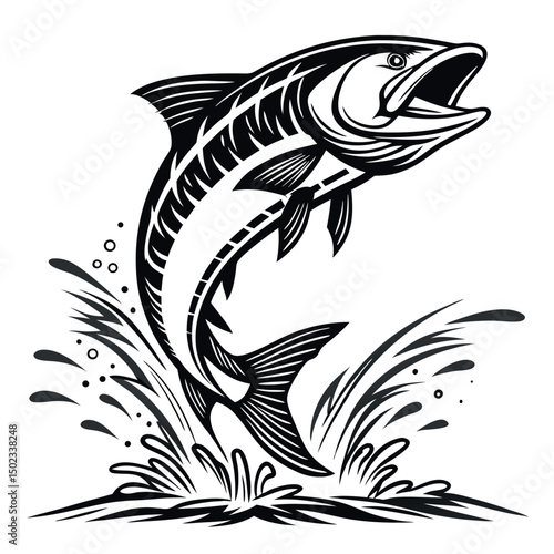 caught a big fish and fought it happily. Fly fisherman fishing. clip art black fishing on white background. Vector