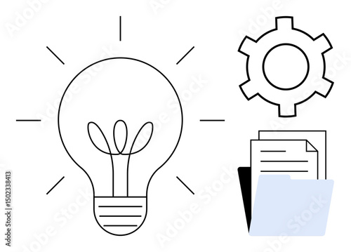Lightbulb with sprouts symbolizing ideas, gear representing settings, documents and folder illustrating organization. Ideal for creativity, innovation, productivity, planning, process, growth simple