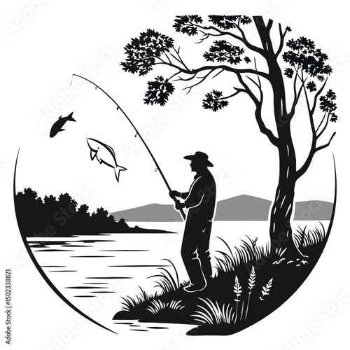 A fisherman with a catch of fish. Fish on a hook. Fisherman in gear with fishing rod silhouette
