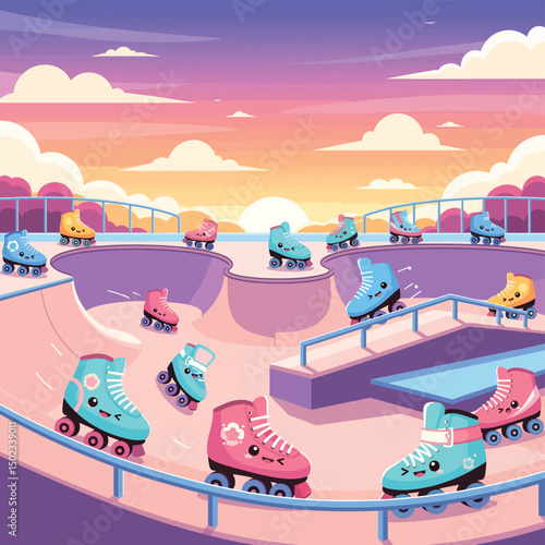 Adobe Illustrator Artwork Playful cartoon roller skates having fun at a skate park during a colorful sunset. Whimsical and energetic illustration for children and retro themes