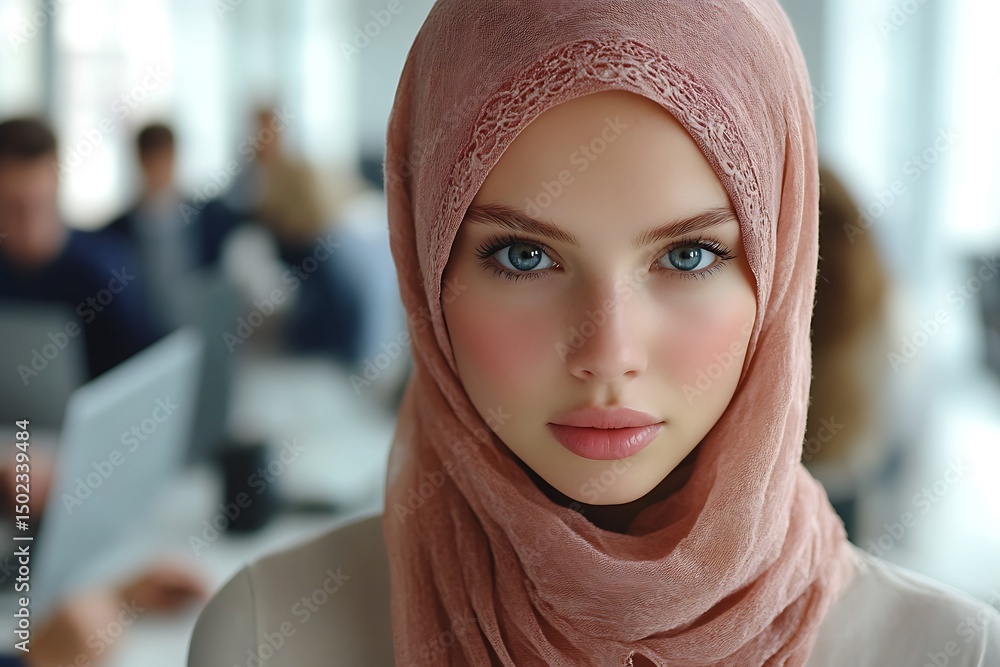 Young woman with hijab in modern office setting Young woman with hijab in modern office setting