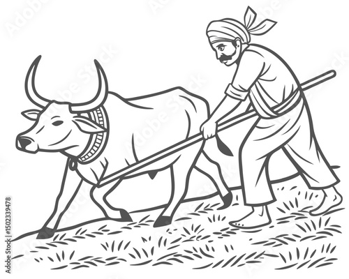 Farming In Fields A Man Drives An Ox Plowing