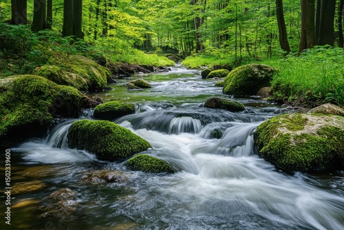 Flowing water through a serene forest with moss  covered stones and vibrant greenery, Water flow in forest Mossy stones and rocks in river torrent