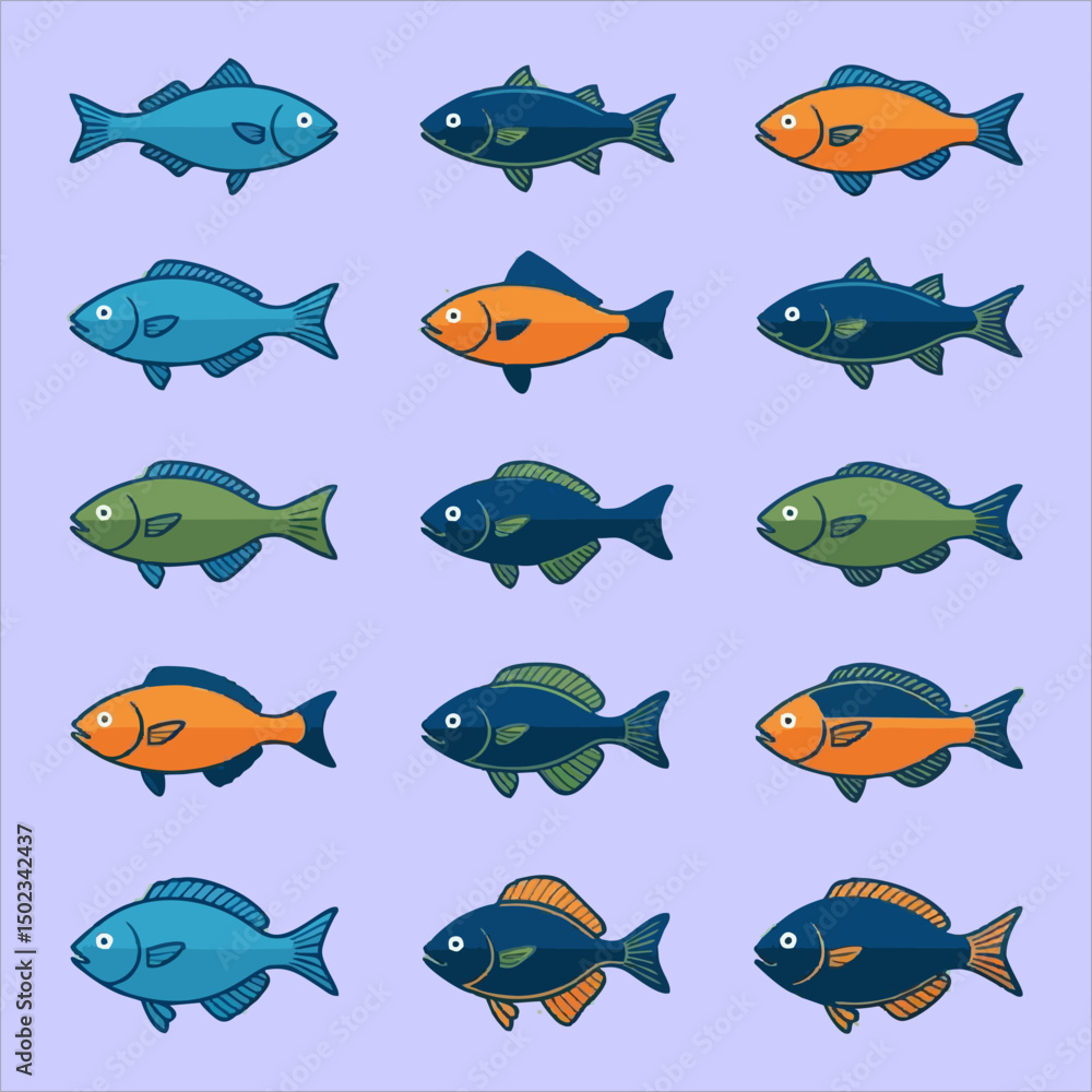 Flat vector fish icon bundle in aquatic theme for digital and print projects Flat vector fish icon bundle in aquatic theme for digital and print projects
