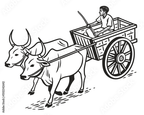 Ox-Driven Cart Transporting a Person across a Village Road