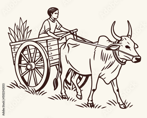 Boy rides on a vintage bullock cart transport journey