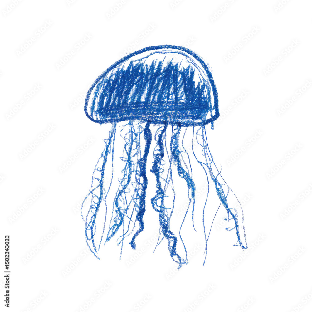 Bold and Creative Drawing of a Jellyfish with Elegant Tentacles in Soft Blue Tones Bold and Creative Drawing of a Jellyfish with Elegant Tentacles in Soft Blue Tones