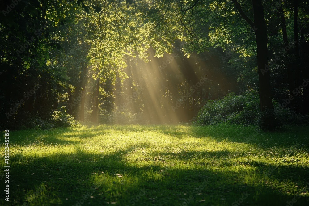 Obraz premium Sunlight filters through trees onto a lush green field in a tranquil forest setting, Sunlight filtering through trees onto lush green field with dense foliage
