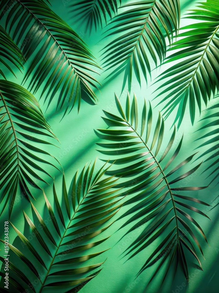 Palm leaves scattered on a green floor with intricate patterns of shadows cast on the surrounding area Palm leaves scattered on a green floor with intricate patterns of shadows cast on the surrounding area