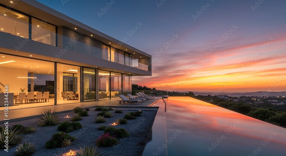 Fototapeta premium Modern House with Infinity Pool at Sunset