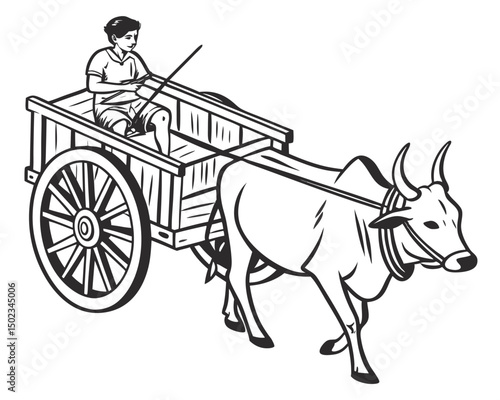 Boy Rides a Bullock Cart Through Rural Countryside