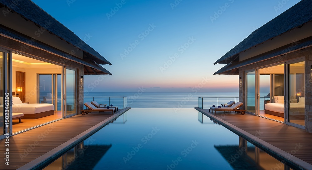 Fototapeta premium Luxury Villas at Sunset with Infinity Pool Ocean View