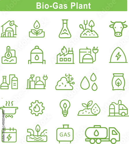 Biogas Plant Icons for Renewable Energy and Sustainable Fuel Systems