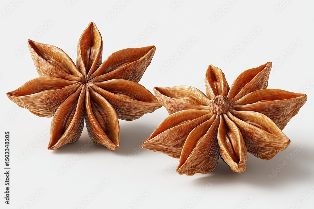 Two star anise spice seeds, close-up, light brown color, star-shaped, overlapping, on white background Two star anise spice seeds, close-up, light brown color, star-shaped, overlapping, on white background