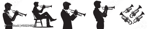 set of vector icons of man playing trumpet silhouette