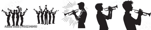 set of vector icons of man playing trumpet silhouette