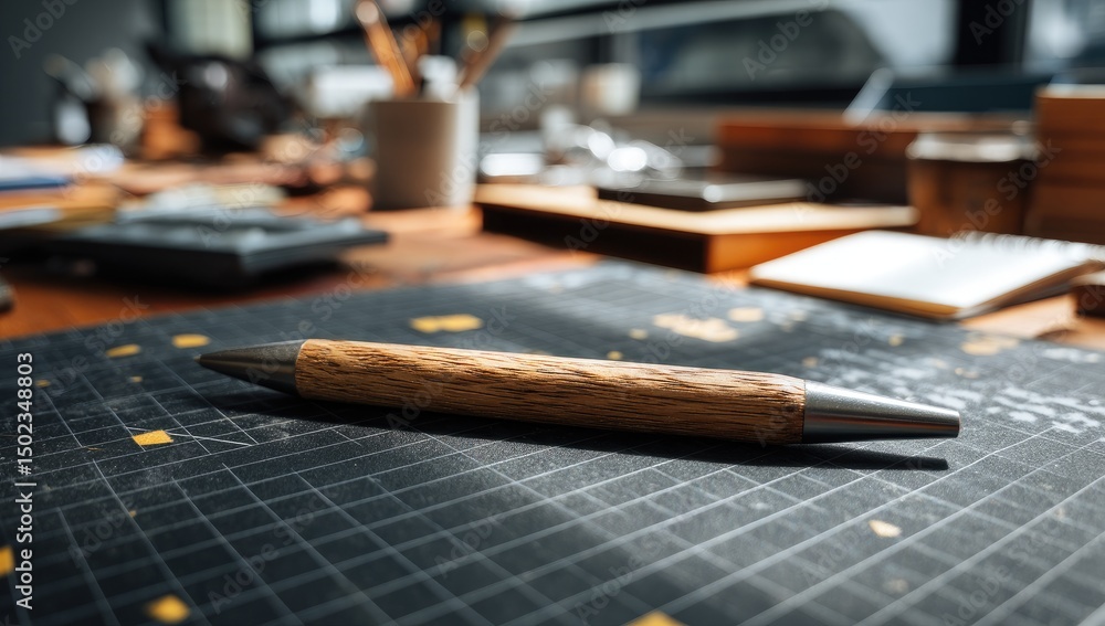 Fototapeta premium Wooden pen on a dark desk mat