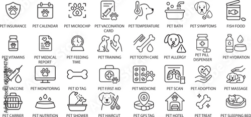 Pet Care Icons Set, Vector Illustration on White Background.